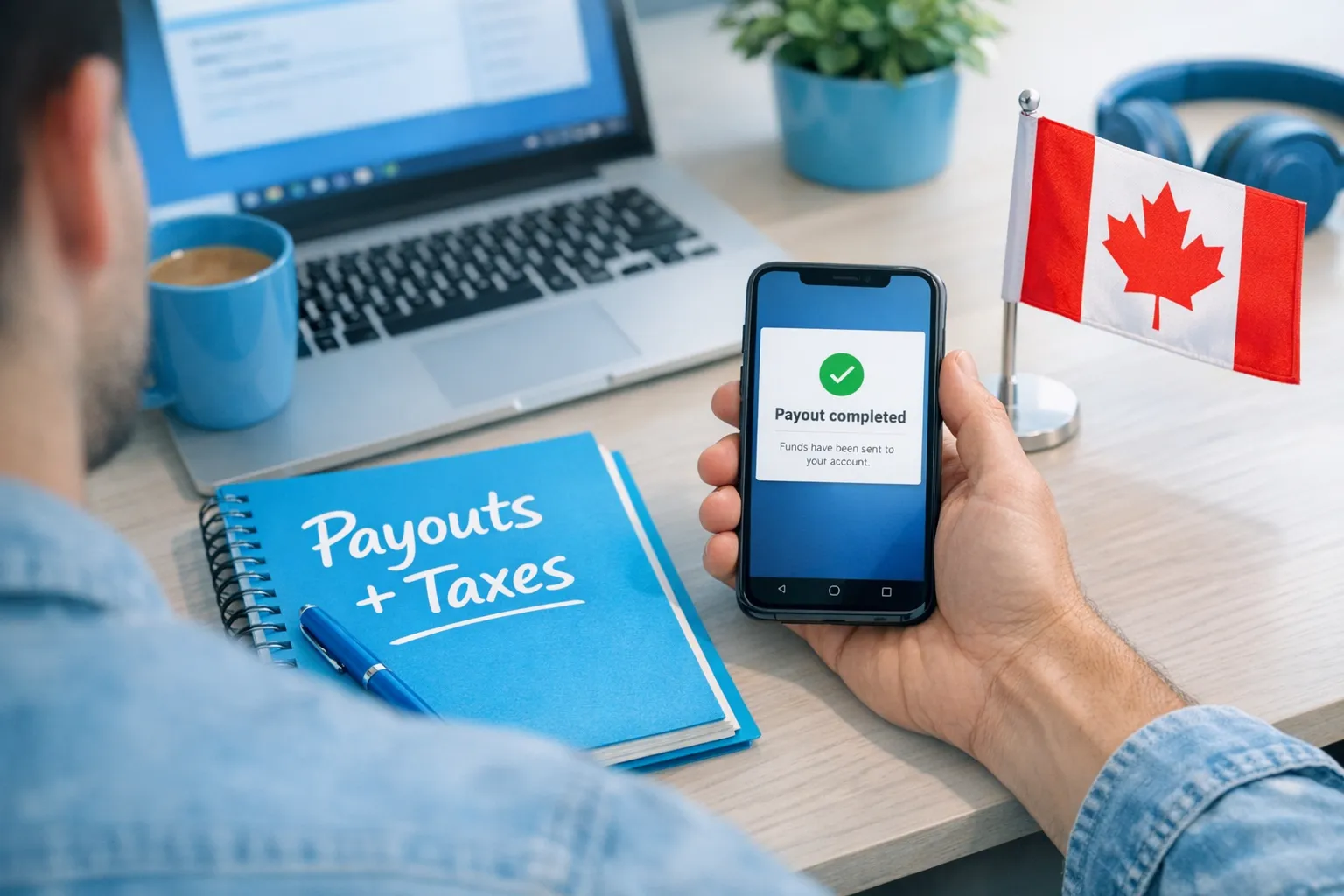 A clean, realistic scene of a Canadian creator at a desk with a notebook labeled “Payouts + Taxes,” a phone showing a generic “Payout completed” notification (no brand logos), and a small Canadian flag on the desk.