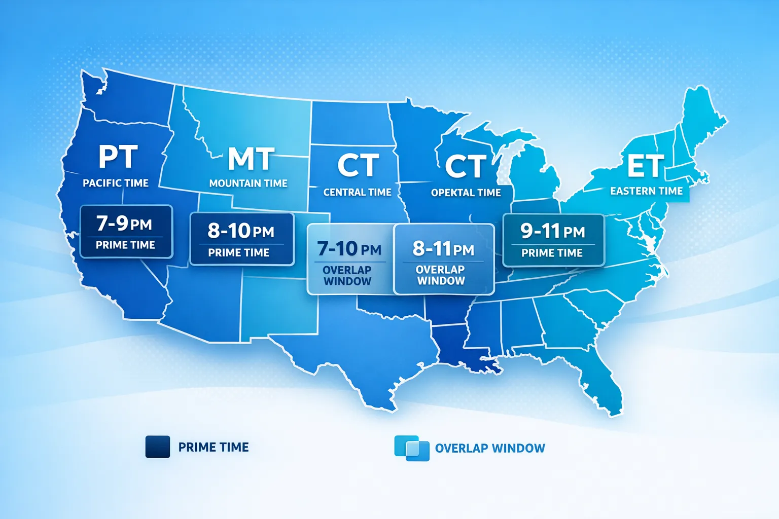 A simple US time zone map illustration showing ET, CT, MT, and PT with an overlay of “prime time” evening blocks and overlap windows for posting and mass DMs.