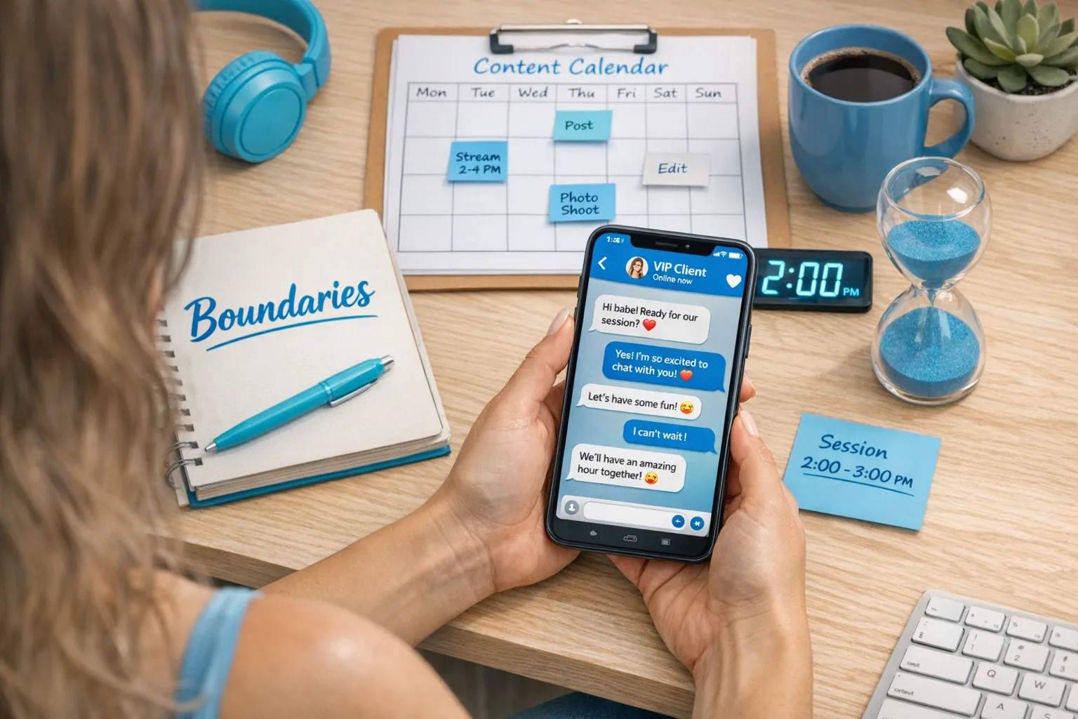 A creator sitting at a cozy desk with a notebook labeled “Boundaries” and a simple content calendar, showing a phone with OnlyFans-style chat bubbles (no explicit visuals), emphasizing organized GFE messaging and time-boxed sessions.
