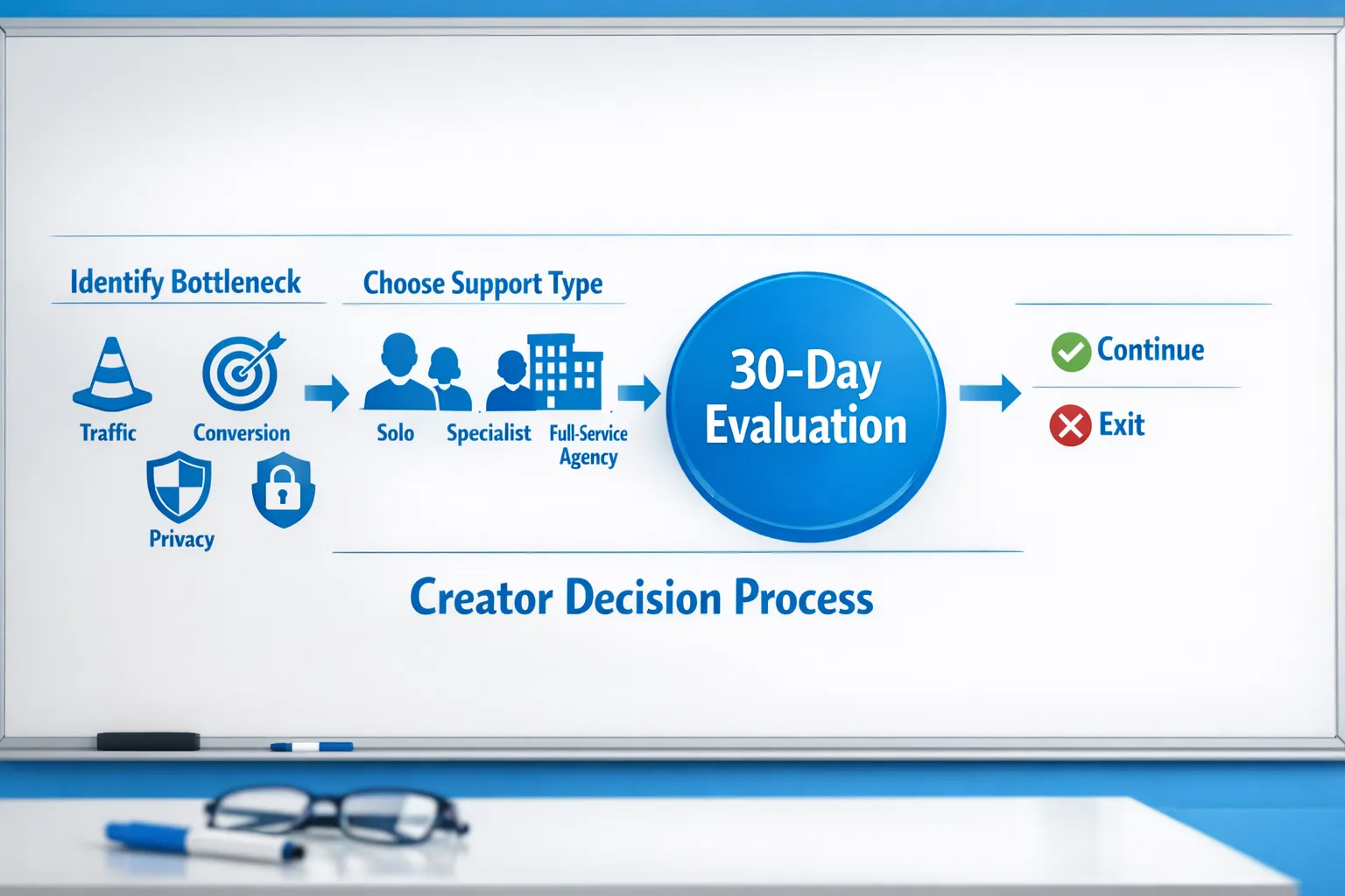 A simple flow diagram showing a creator decision process: identify bottleneck (traffic, conversion, retention, privacy), choose support type (solo, specialist, full-service agency), run a 30-day evaluation, then decide to continue or exit.