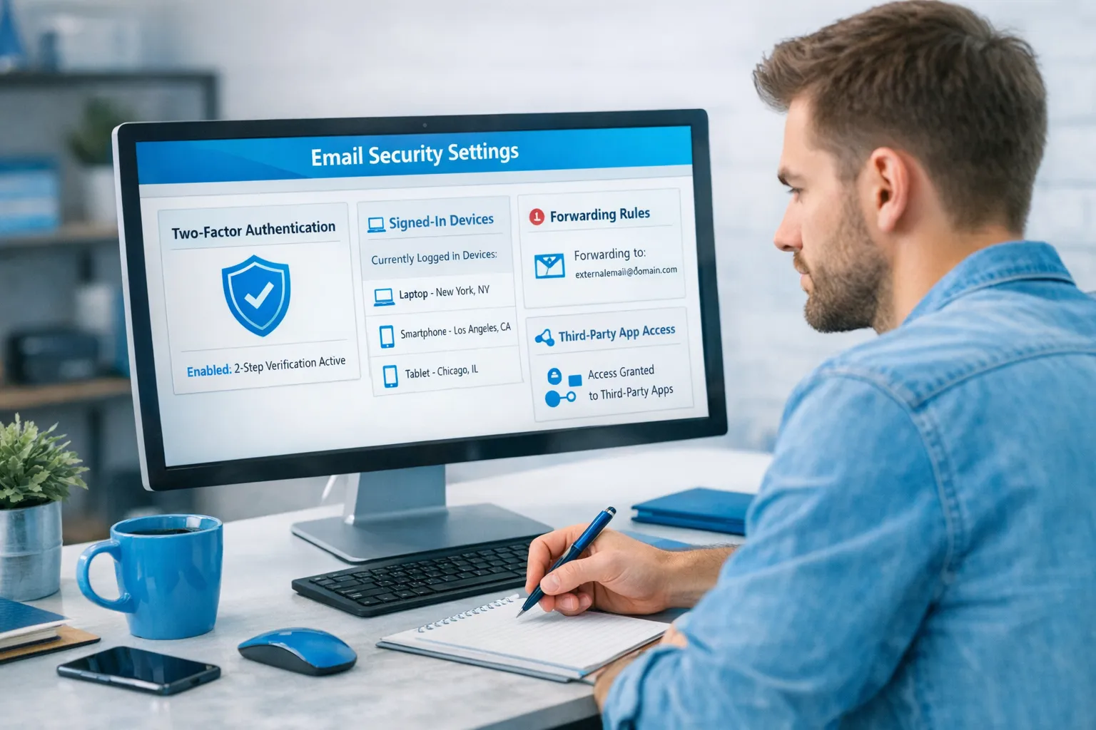 A creator reviewing email security settings: two-factor authentication enabled, a list of signed-in devices, and a section highlighting forwarding rules and third-party app access.