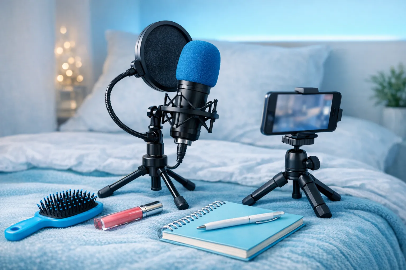 A simple ASMR creator recording setup on a bed or small desk with soft lighting, a microphone on a stand, a phone camera on a tripod angled away from the face, and a few trigger props like a hairbrush, lip gloss, and a notebook.