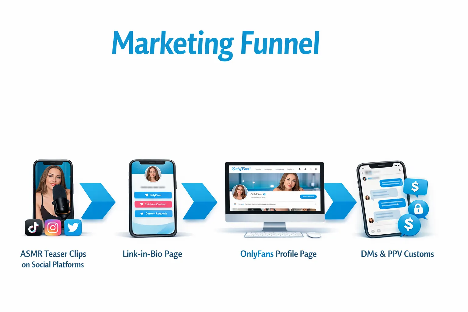 A simple four-step marketing funnel diagram showing: short ASMR teaser clips on social platforms, then a link-in-bio page, then an OnlyFans profile page, then DM conversations leading to PPV and customs.