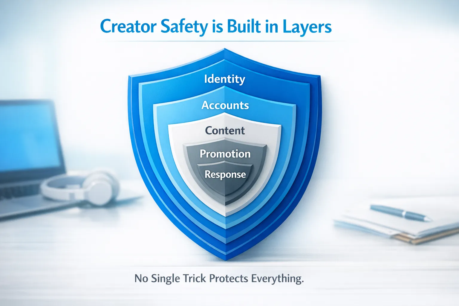 A simple five-layer shield diagram labeled Identity, Accounts, Content, Promotion, and Response, showing that creator safety is built in layers rather than one single trick.