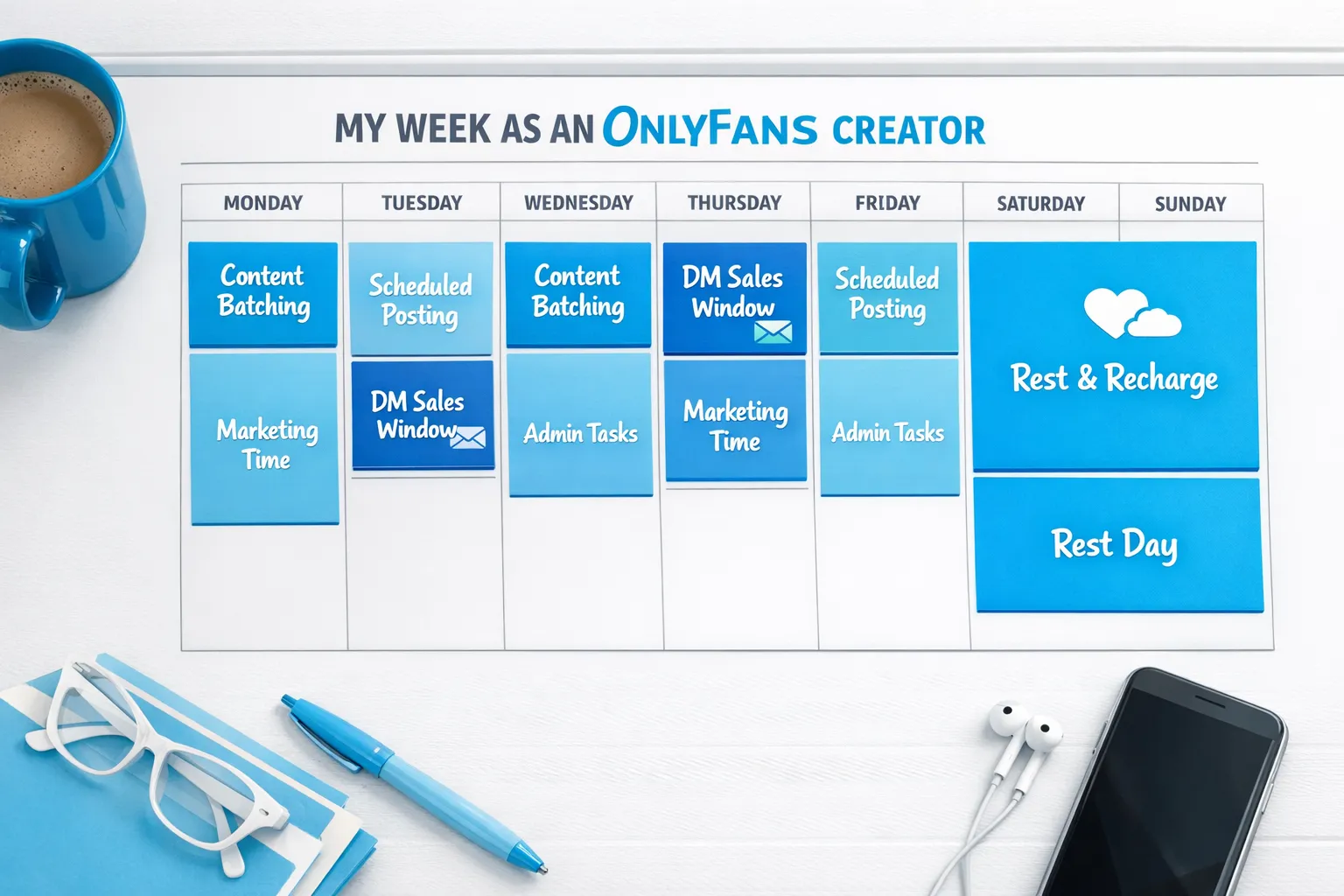 A simple weekly calendar layout for an OnlyFans creator showing blocks for content batching, scheduled posting, DM sales windows, marketing time, admin, and rest time.