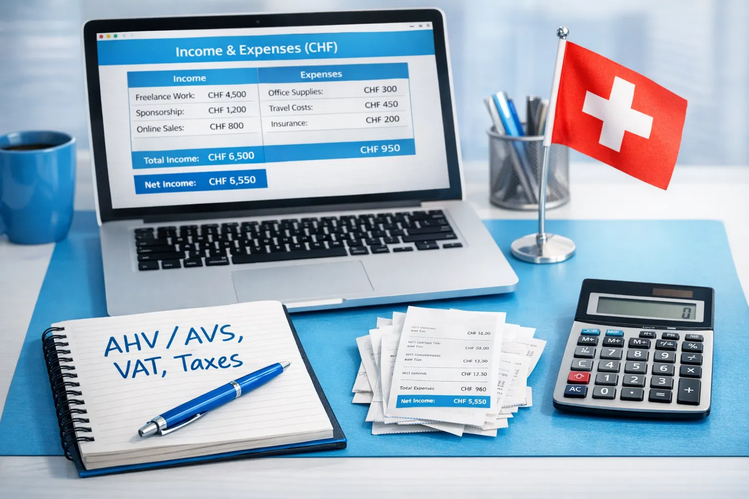 A Swiss-themed creator bookkeeping setup on a desk: laptop open to a simple income/expense spreadsheet in CHF, a notebook with “AHV/AVS, VAT, taxes” written on it, and neatly organized receipts beside a small Swiss flag and a calculator.