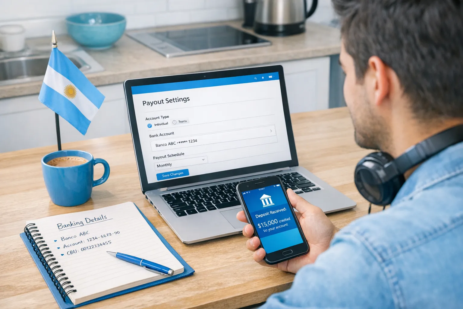A creator in Argentina sitting at a kitchen table with a laptop open to a payouts settings page, a notebook with banking details beside it, and a phone showing a bank app notification.