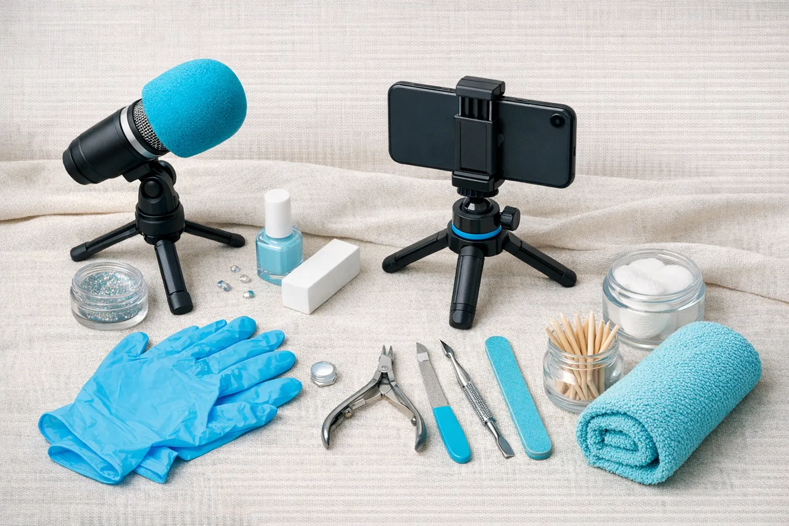 A flat-lay content setup for a faceless creator: a small microphone, a phone on a tripod (screen facing away), soft lighting, manicure tools, gloves, and a neutral fabric backdrop.