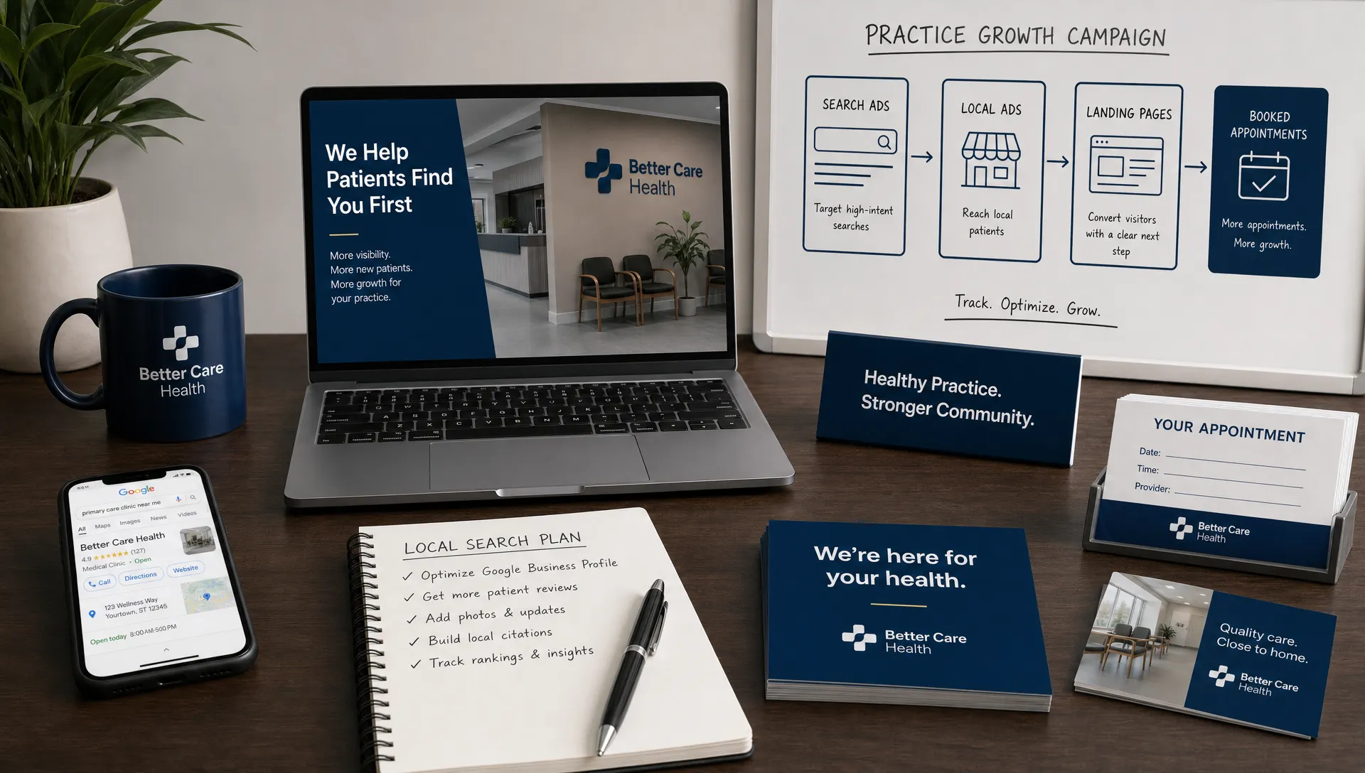 A healthcare practice marketing workspace with appointment cards, a phone, local search notes, and a simple campaign planning board showing search ads, local ads, landing pages, and booked appointments.