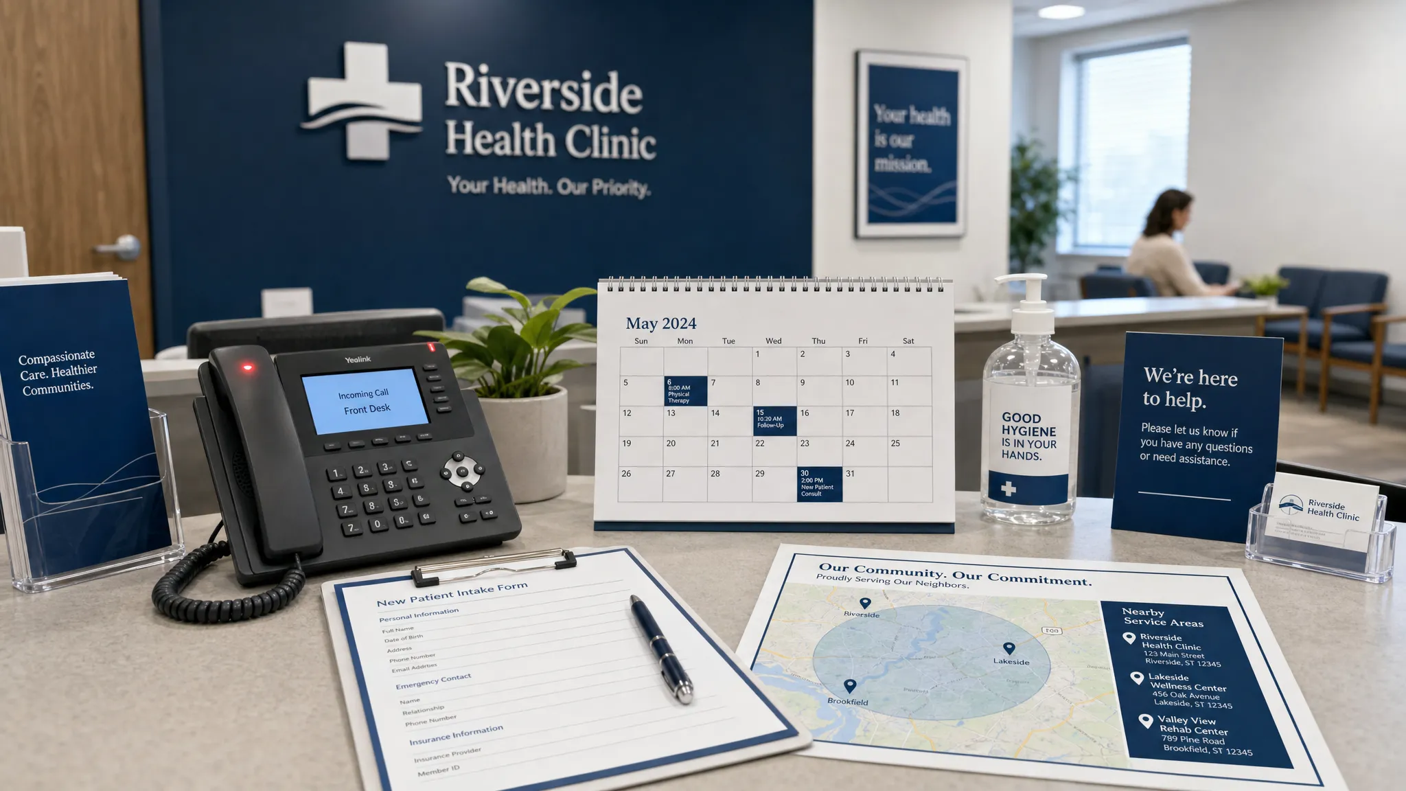 A healthcare clinic reception desk with a ringing phone, appointment calendar, patient intake forms, and a local map marked with nearby service areas.