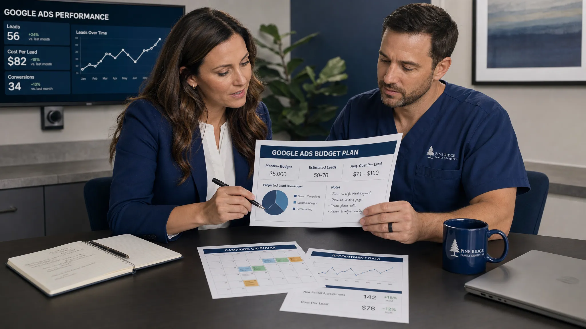A healthcare practice owner and marketing strategist reviewing a printed Google Ads budget plan, with appointment data, cost per lead notes, and a calendar spread across a conference table.