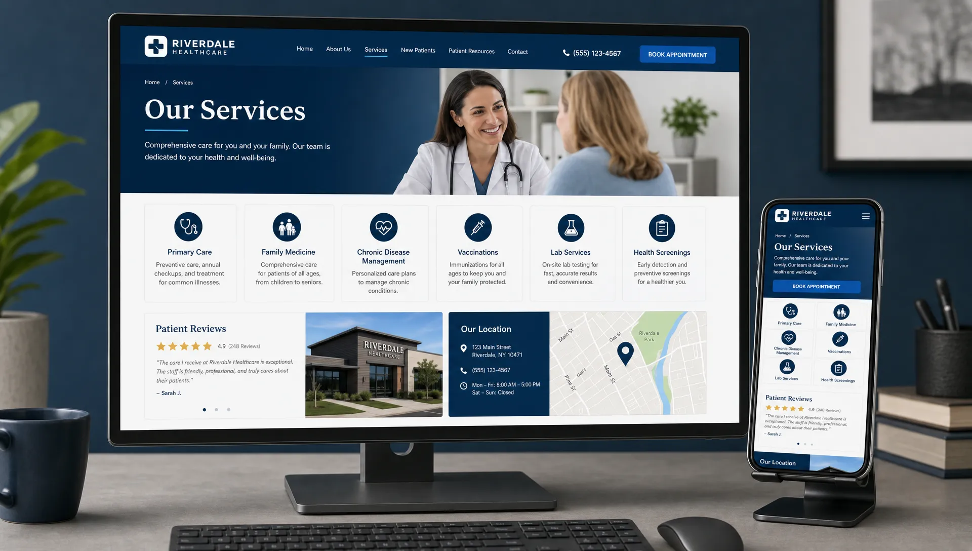 A healthcare practice website displayed on a desktop monitor and smartphone, with the screens facing the viewer and showing a clear services page, appointment button, phone number, patient reviews, and a local map section.
