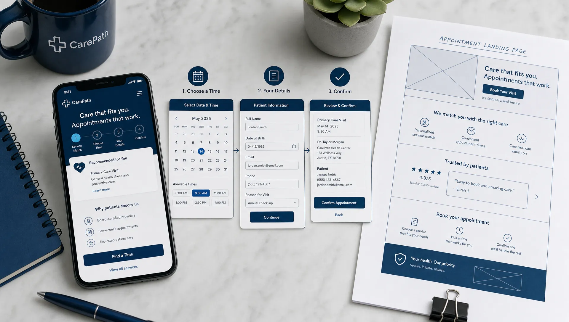 A healthcare appointment conversion flow with a phone, calendar, intake form, and printed landing page wireframe showing sections for service match, trust signals, and booking options, arranged on a clean tabletop with the phone screen facing the camera.