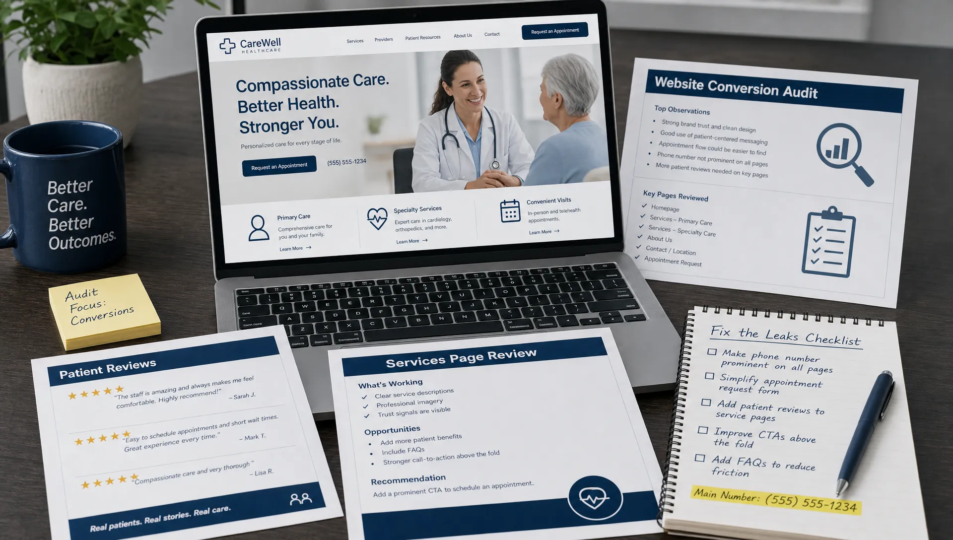 A healthcare website conversion audit scene showing a laptop with a patient appointment page, printed notes with a highlighted phone number, reviews, service page sections, and a simple checklist for fixing website leaks, arranged on a desk in a focused review setup.