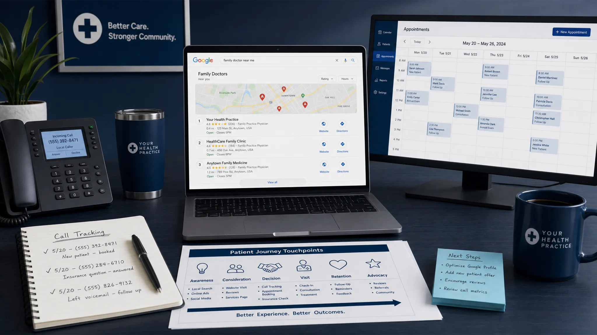 A healthcare marketing workspace showing a local search results page on a laptop, an appointment calendar on a nearby screen, call tracking notes, and patient journey touchpoints arranged across a desk.