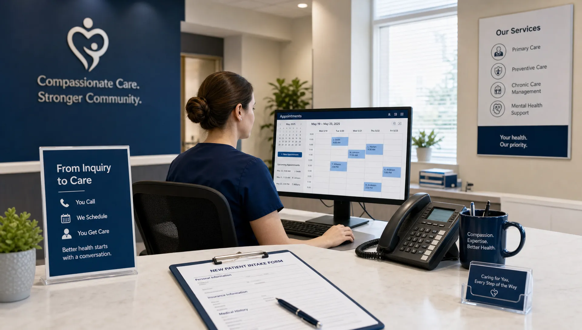 A healthcare practice front desk with a staff member checking an appointment schedule, a phone for patient calls, and intake forms on the counter, showing how inquiries become booked visits.
