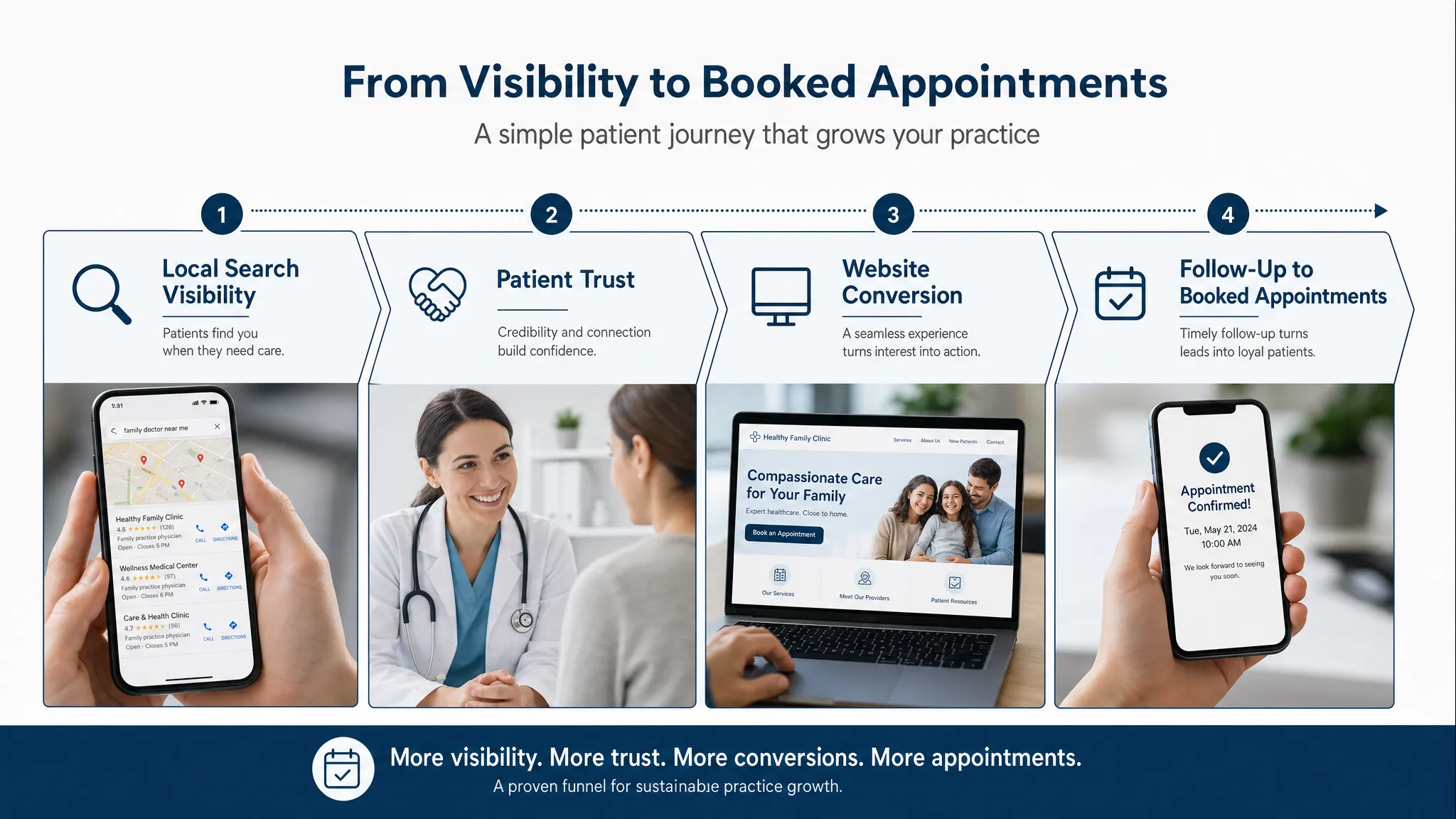 A simple healthcare marketing funnel showing four connected stages: local search visibility, patient trust, website conversion, and follow-up leading to booked appointments.