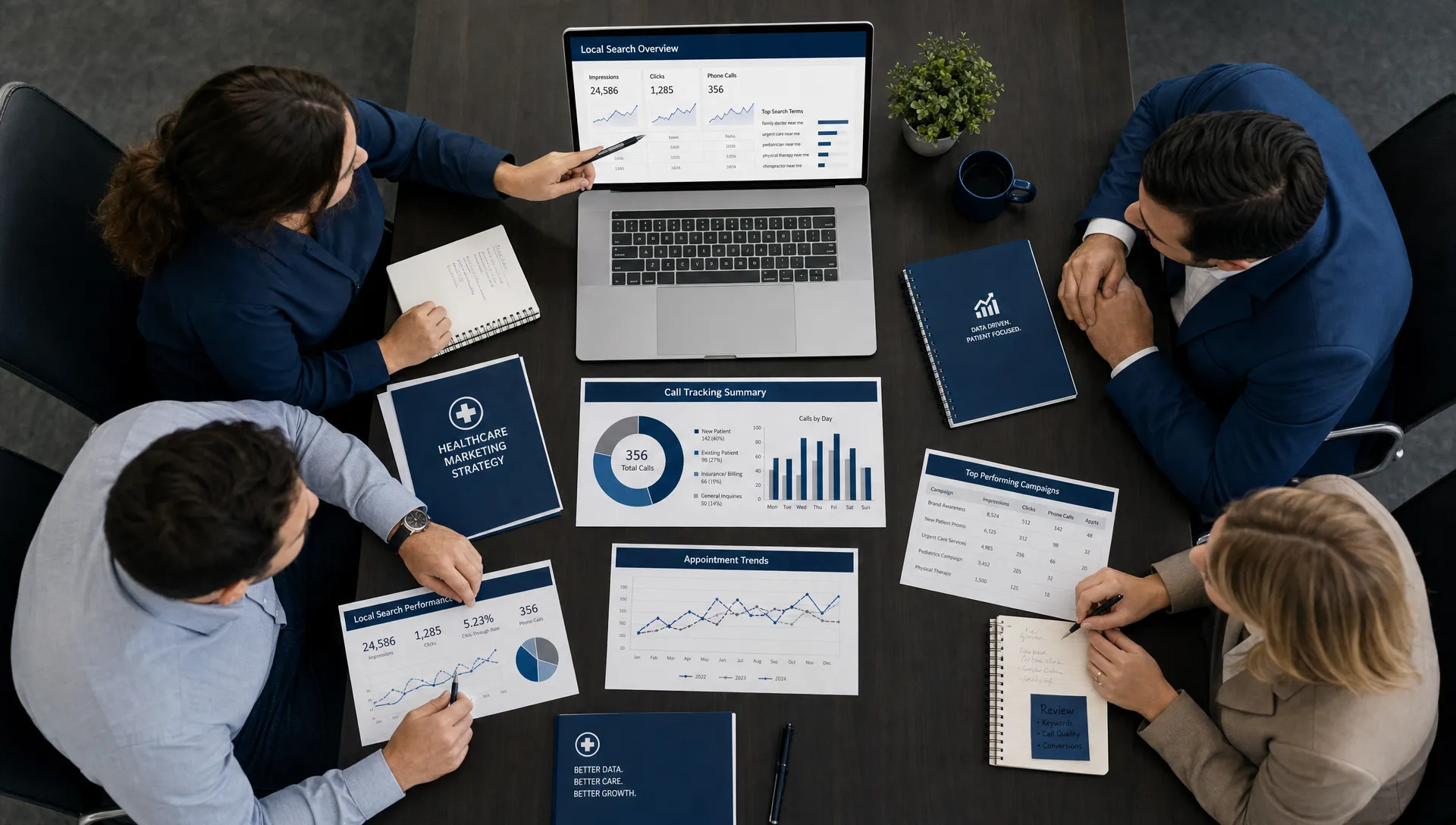 A healthcare marketing team reviews local search campaigns, call tracking data, and appointment trends from an overhead view of a conference table with charts, notebooks, and a laptop facing the team.