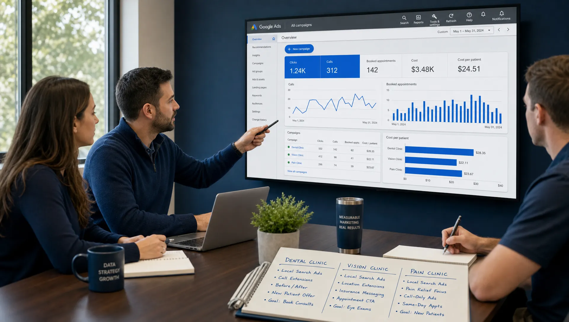 A healthcare marketing team reviews a local Google Ads performance dashboard beside notes for dental, vision, and pain clinic campaigns, with charts showing calls, booked appointments, and cost per patient.