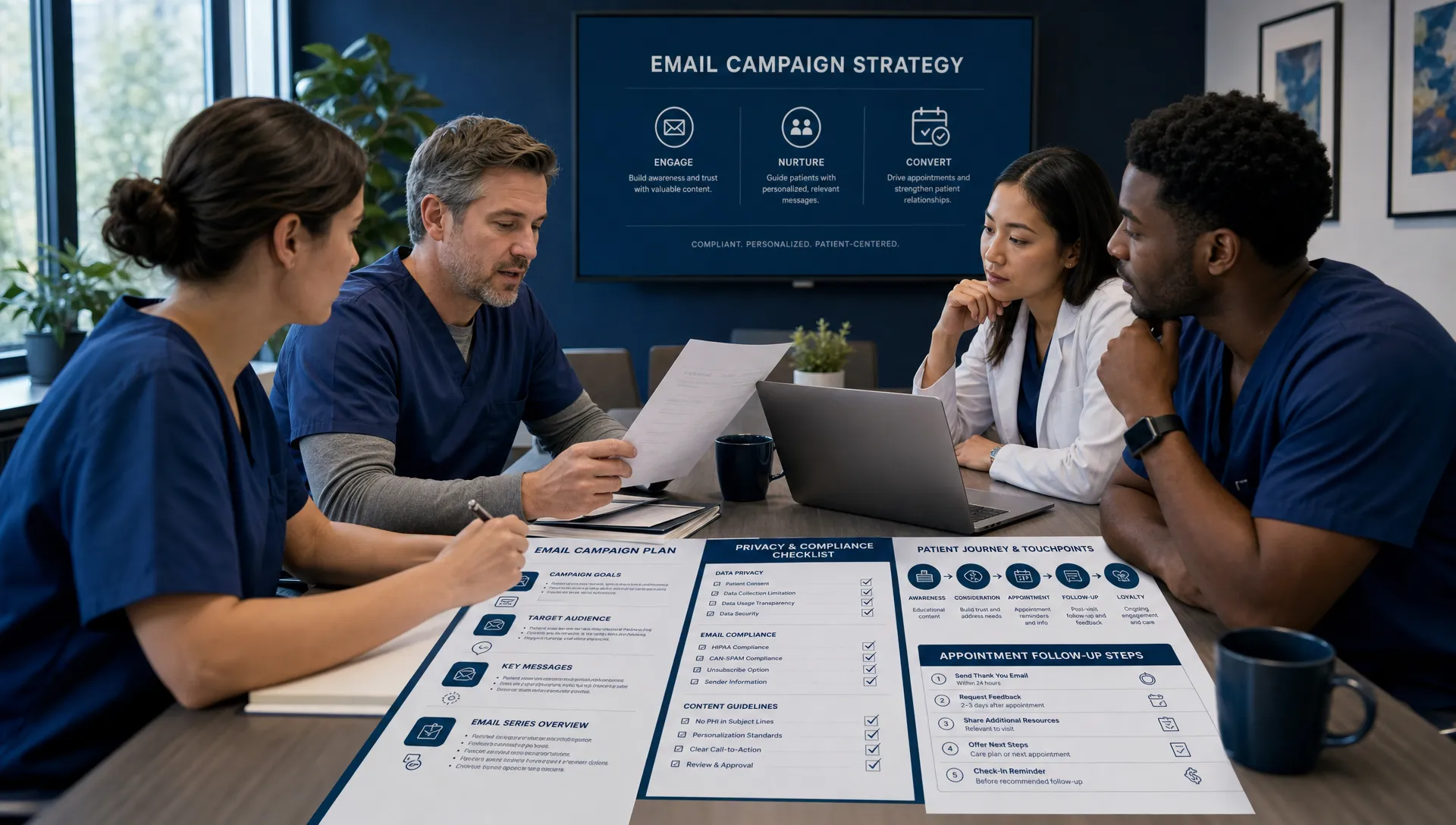 A healthcare practice team reviews an email campaign plan with privacy checklists, patient journey notes, and appointment follow-up steps on a conference table.