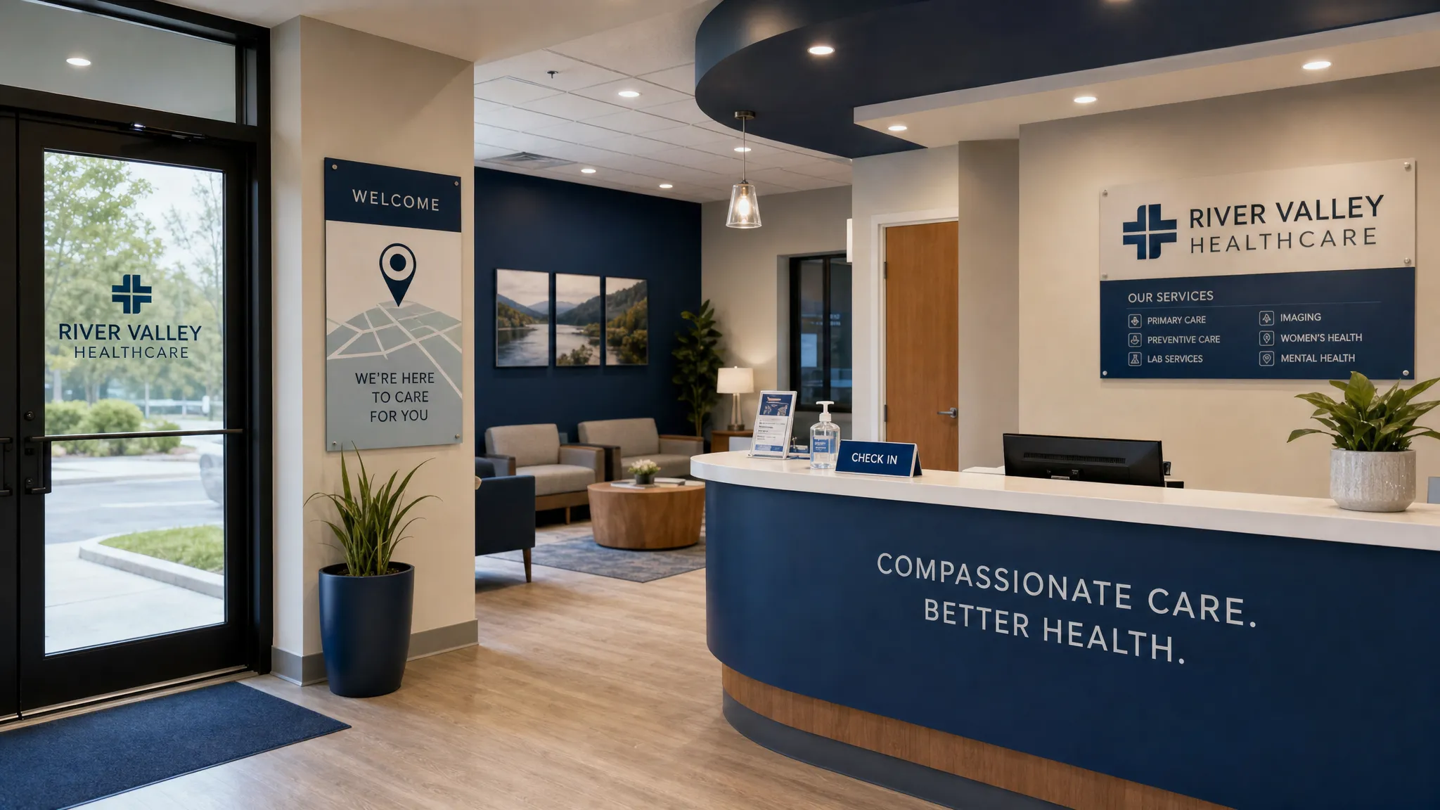 A healthcare clinic reception area with a front desk, visible office signage, welcoming seating, and a subtle local map pin concept near the entry area.