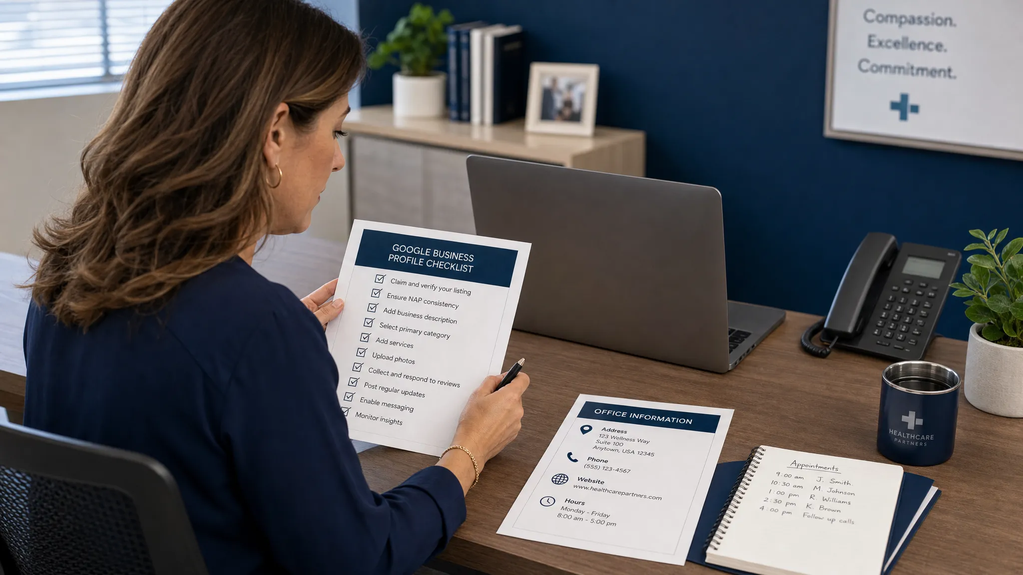 A healthcare practice manager reviews a Google Business Profile checklist at a desk with a laptop facing them, while printed office information, a phone, and appointment notes are arranged nearby. The laptop screen faces the manager and no content is visible behind the screen.