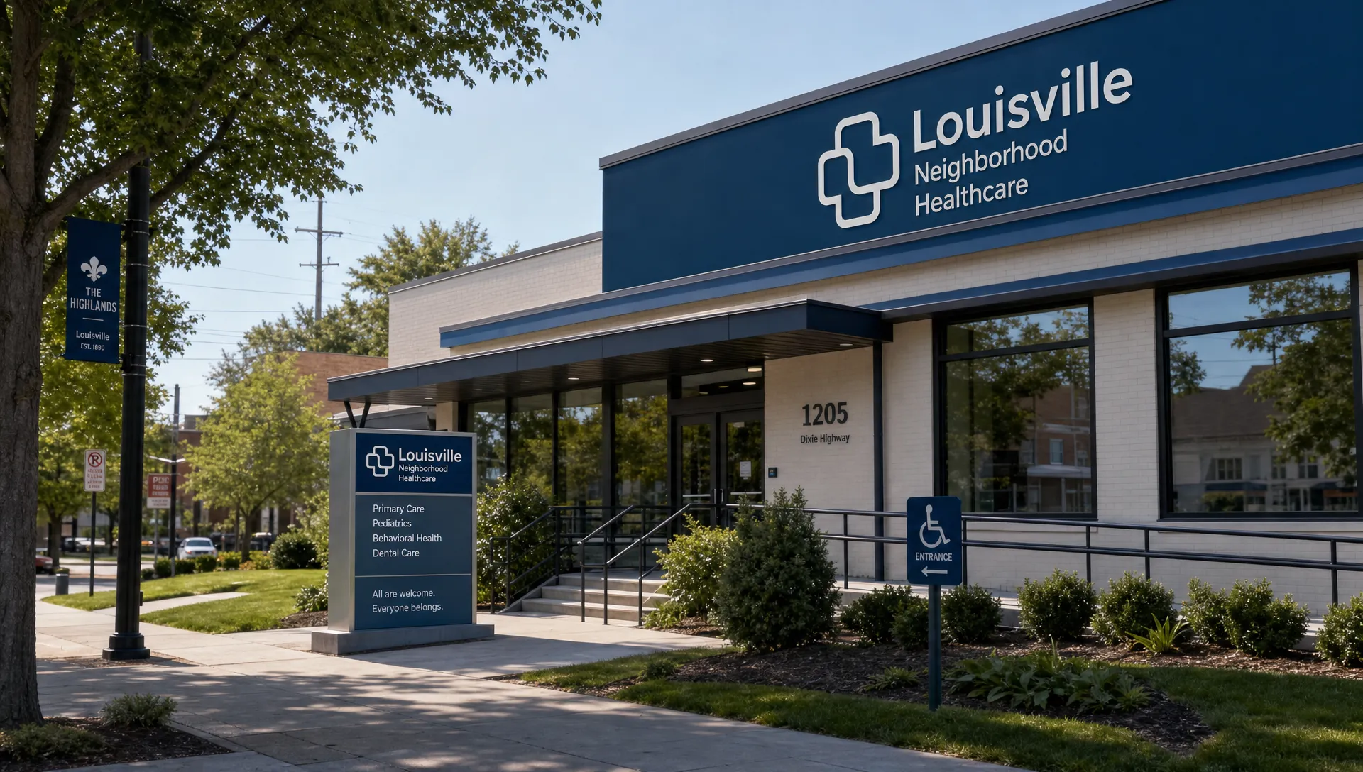 A Louisville neighborhood healthcare clinic exterior with clear signage, accessible entrance, landscaping, and nearby street details.