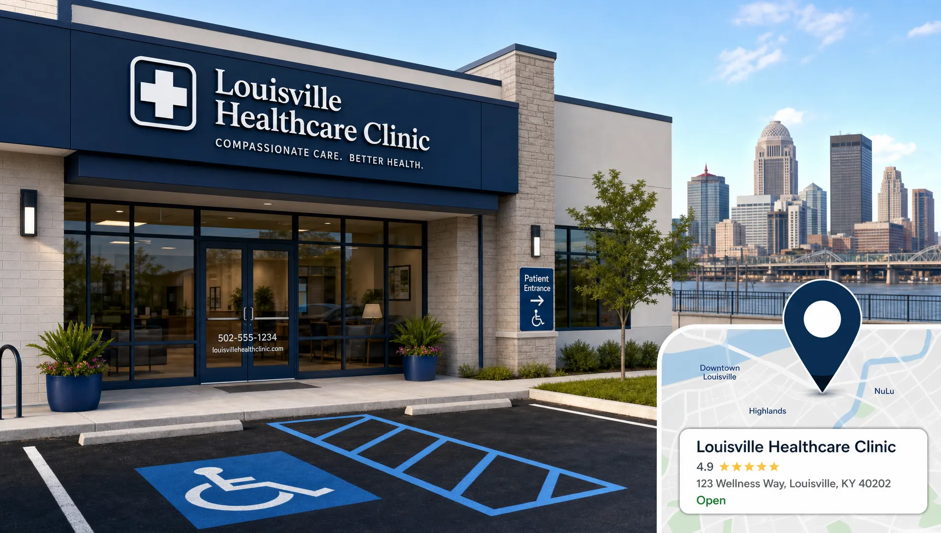 A Louisville healthcare clinic exterior with clear signage, an accessible entrance, parking spaces and a map pin motif showing local search visibility.