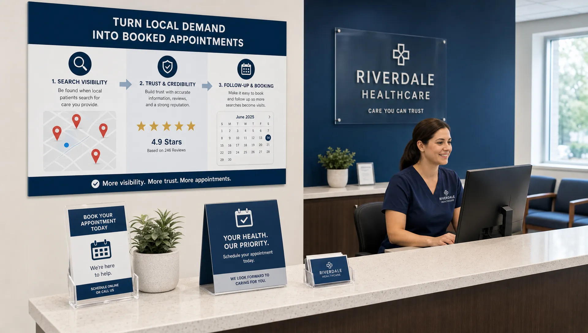 A healthcare practice front desk with appointment cards, local map pins, review stars, and a calendar showing how search visibility, trust, and follow-up turn local demand into booked appointments.