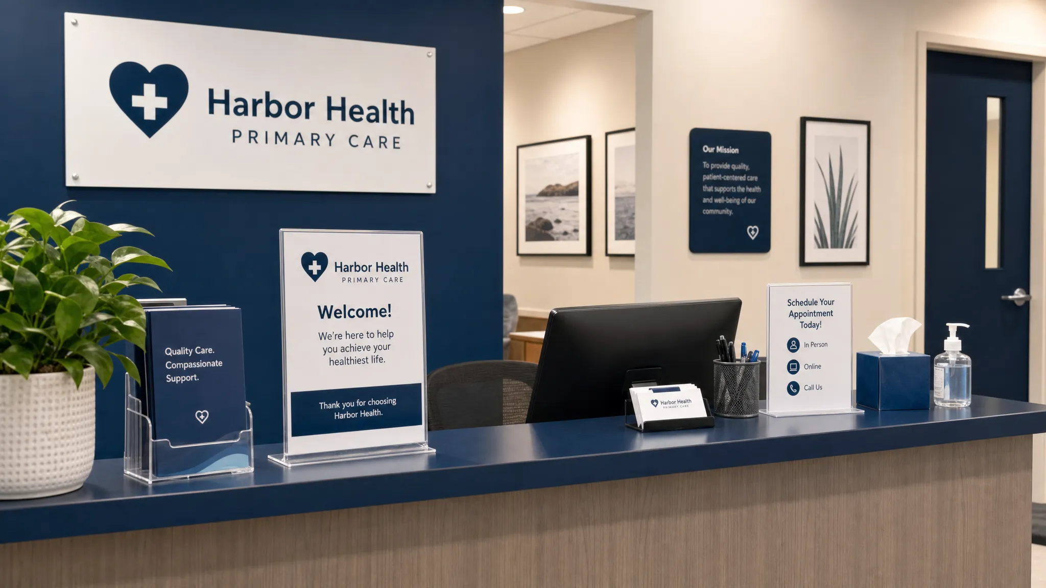 A healthcare office reception area with branded signage, appointment materials, and a tidy front desk prepared for Google Business Profile verification.