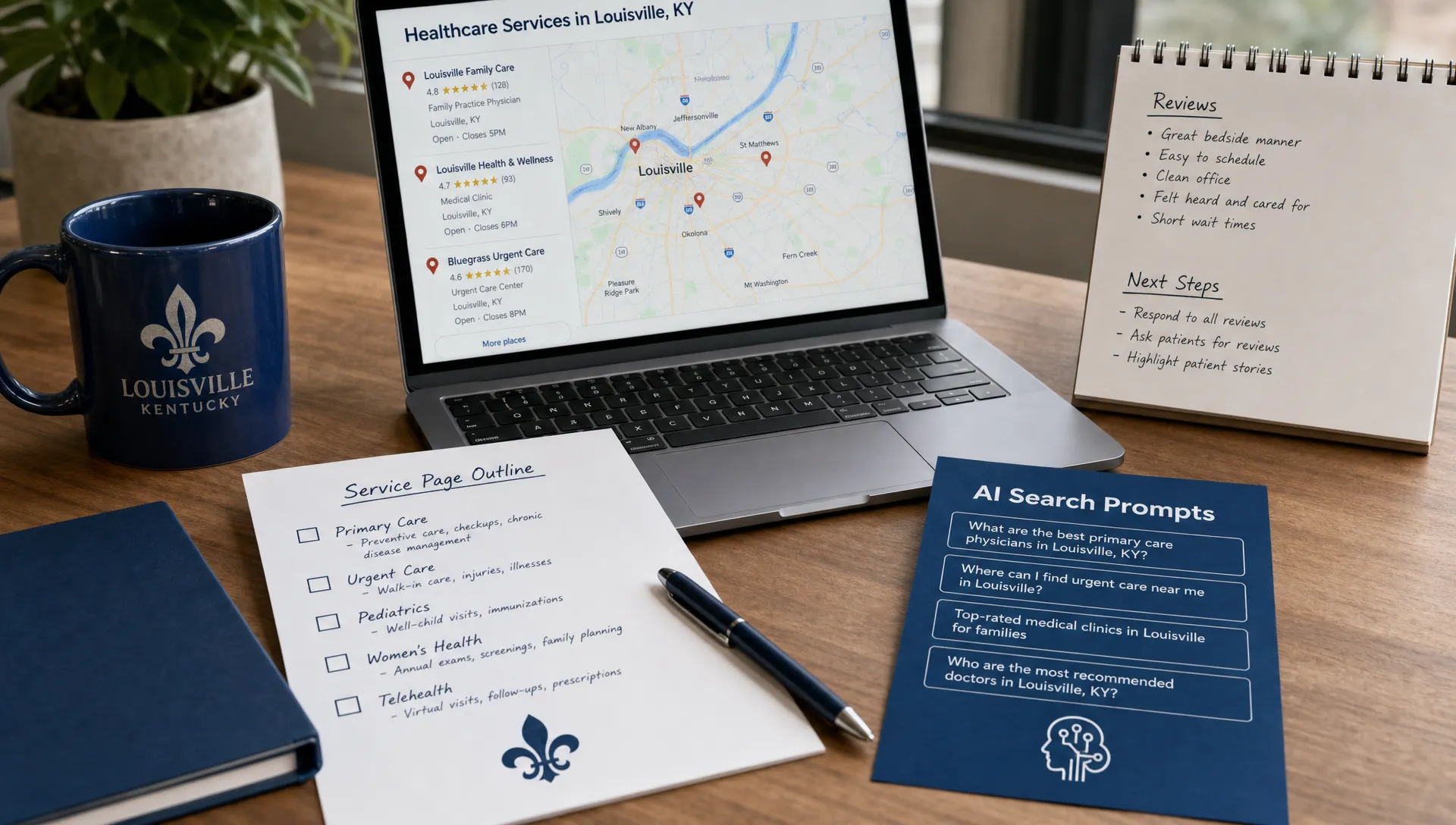 A desk with a local search map, review notes, service-page outlines, and AI search prompts for a Louisville healthcare practice.