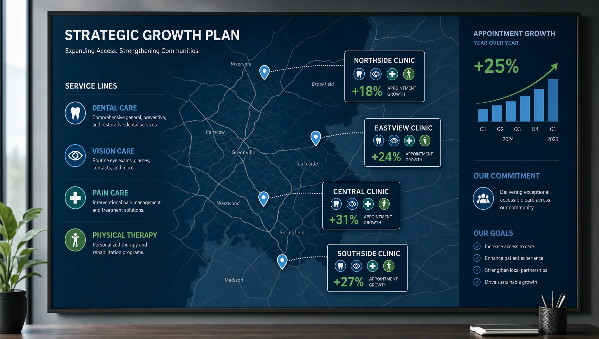A strategic planning board showing a local map with several nearby clinic locations, service line labels for dental, vision, pain care, and physical therapy, and appointment growth indicators connected to each location.