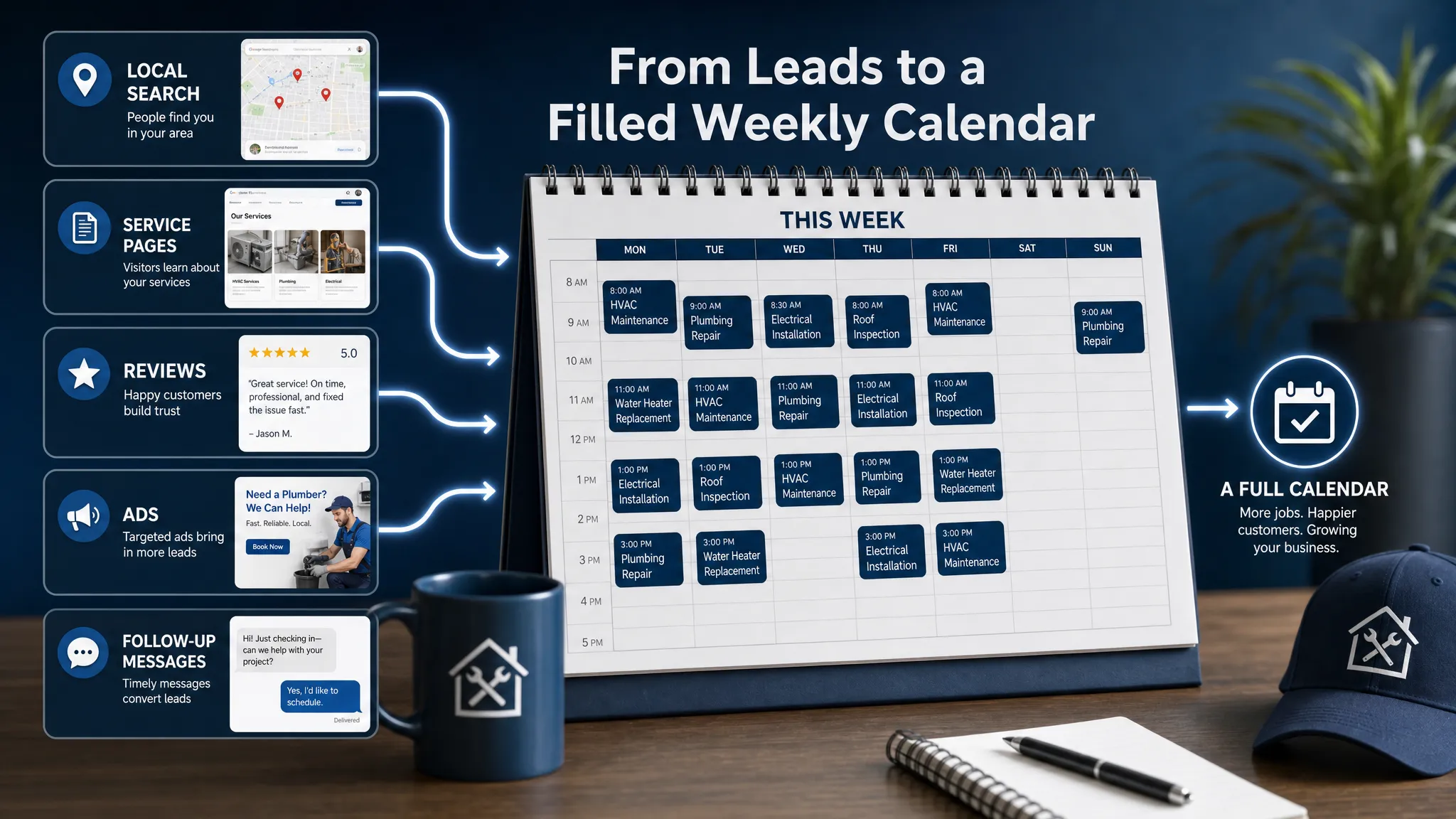 A conceptual workflow showing local search, service pages, reviews, ads, and follow-up messages feeding into a filled weekly calendar, with the calendar as the focal point.