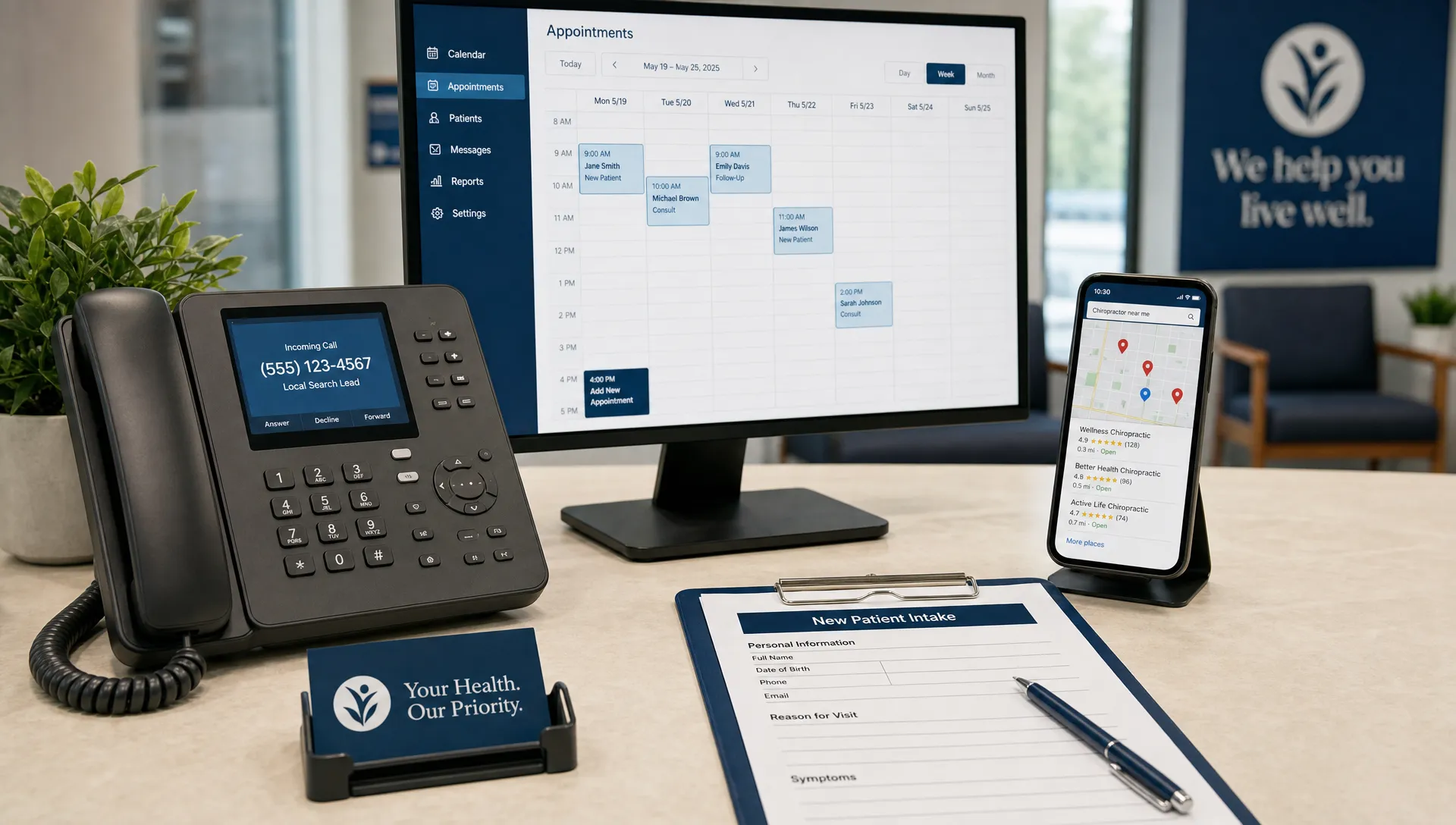 A clinic phone, appointment calendar, local map pins, and intake notes sit on a reception desk to show turning local search leads into scheduled visits.