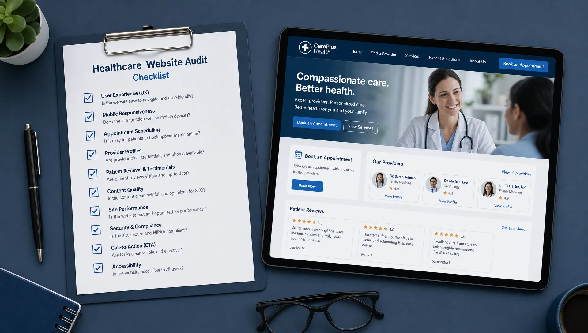 A checklist sits beside a tablet showing appointment buttons, provider profiles, and patient review cards for a healthcare website audit.