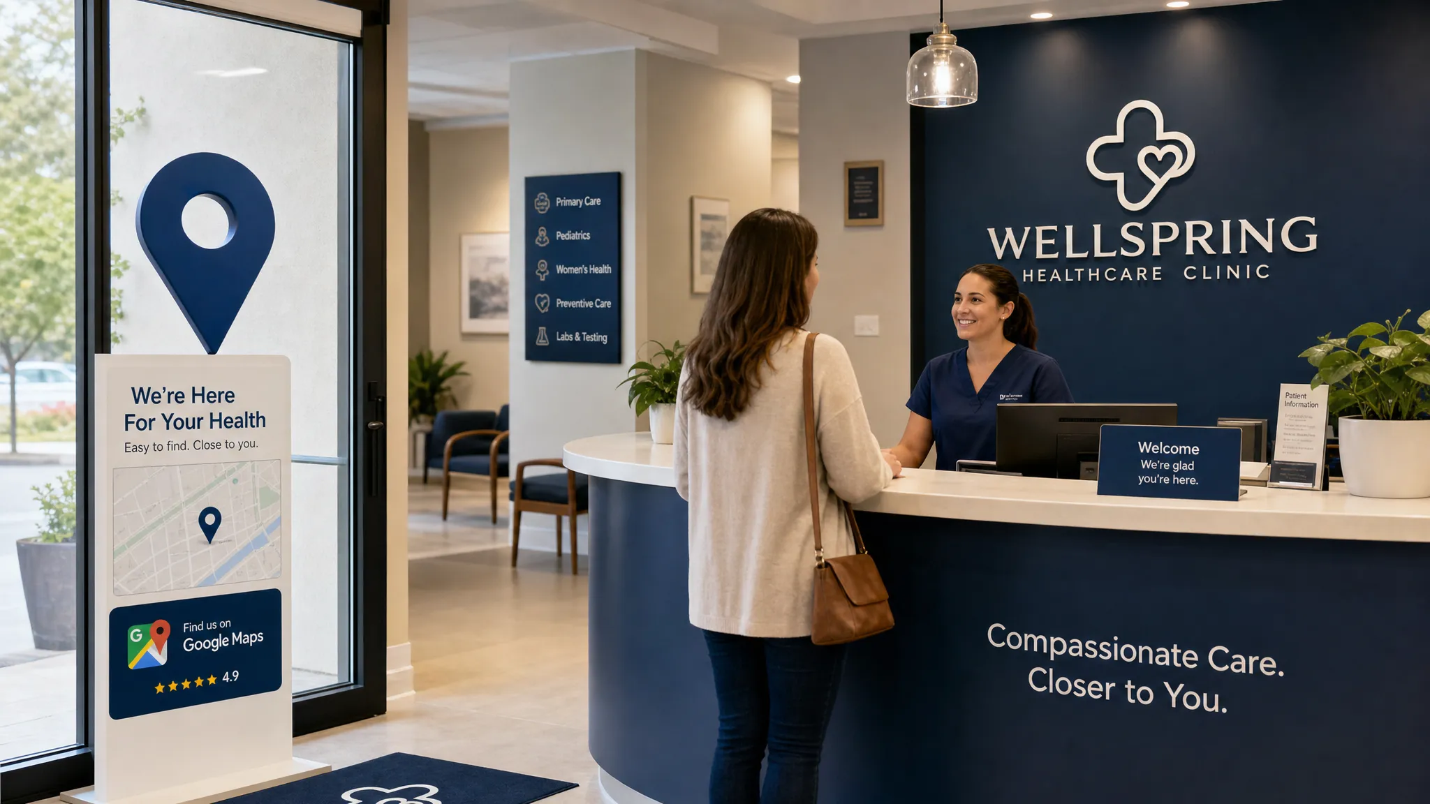 A healthcare clinic reception area with clear signage, a welcome desk, and a location marker concept near the entrance to represent Google Maps visibility for nearby patients.