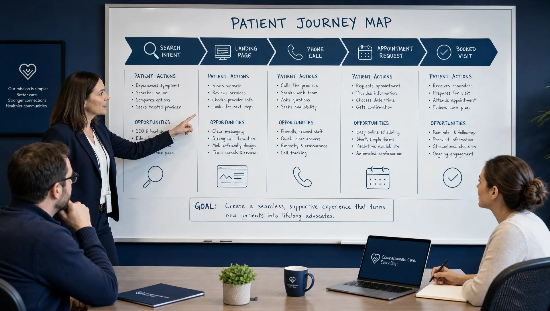 A healthcare practice manager and marketing team reviewing a patient journey map on a whiteboard, with sections for search intent, landing page, phone call, appointment request, and booked visit, in a conference room setting with the board filling the frame.