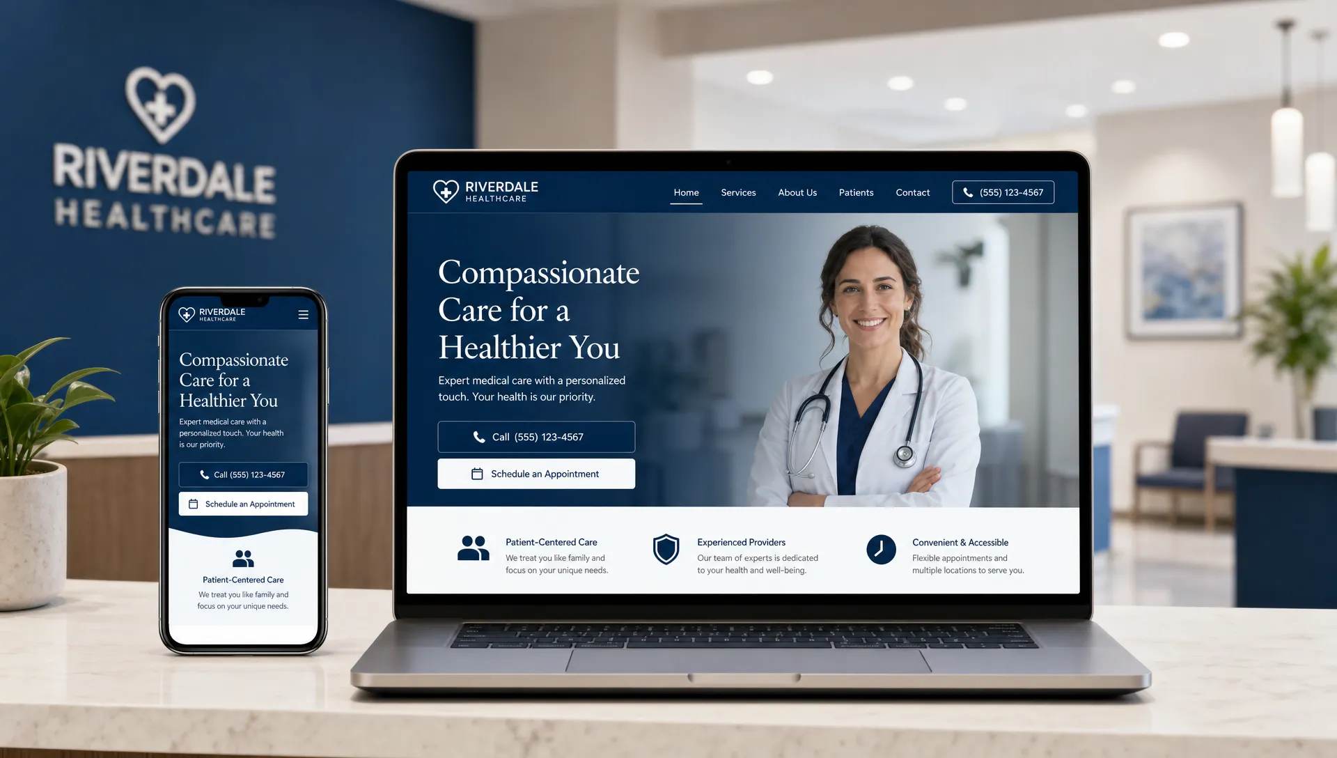 A smartphone and laptop on a clinic reception desk, both screens facing the viewer in the correct orientation and showing a clean healthcare website layout with call and appointment buttons; no objects appear behind the laptop screen.