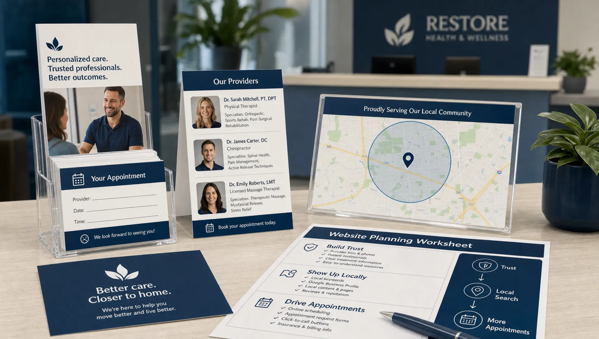 A healthcare practice front desk with appointment cards, provider photos, a local map, and a website planning worksheet, showing the connection between trust, local search, and scheduling.
