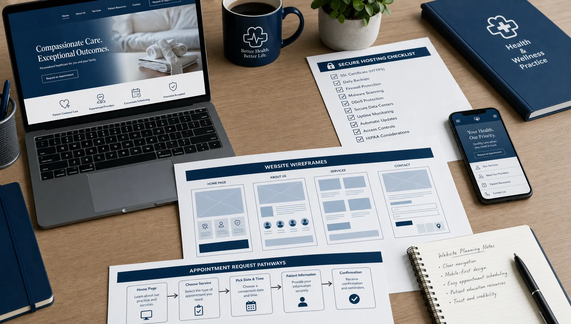 A healthcare practice website planning workspace shown with page wireframes, a secure hosting checklist, mobile layout previews, and appointment request pathways arranged neatly on a desk.