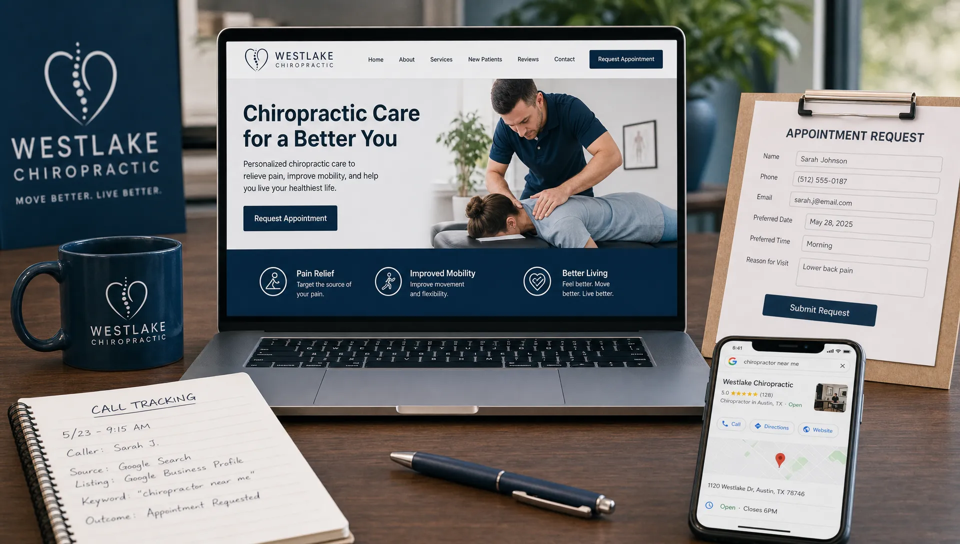 A close-up healthcare marketing desk scene showing a laptop facing the camera with a service-specific landing page, an appointment request form, call tracking notes, and local search results arranged around it.