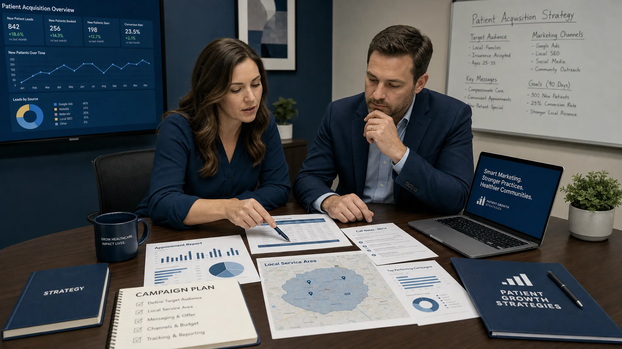 A healthcare marketing strategist and practice manager reviewing appointment reports, call notes, and a local service area map while planning patient acquisition campaigns, shown on a table in a quiet conference room with charts and notes spread out around them.