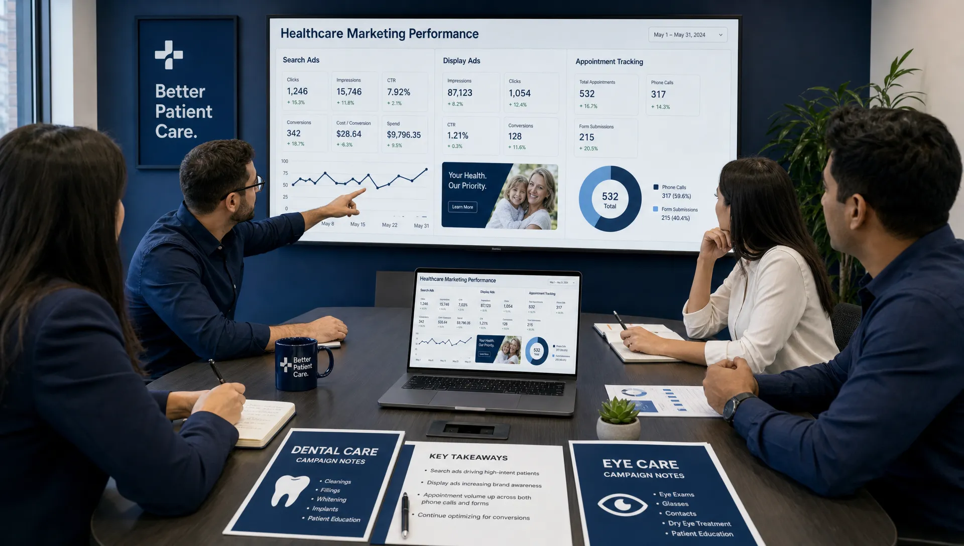 A healthcare marketing team reviews search ads, display ads, and appointment tracking data on a conference table with dental and eye care notes beside a laptop.