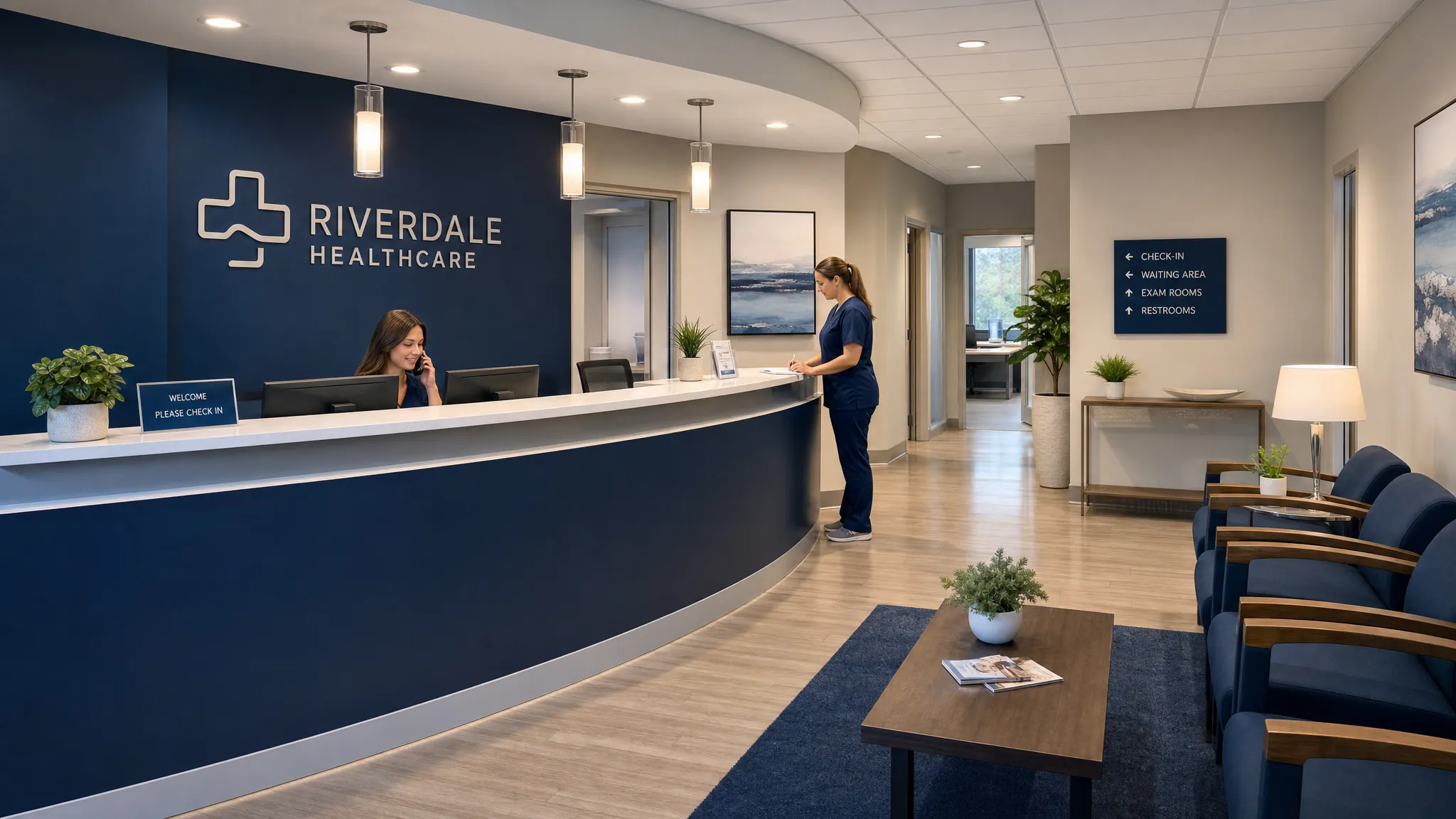A clean healthcare practice reception area with the front desk, visible check-in area, organized seating, and staff preparing for arriving patients.