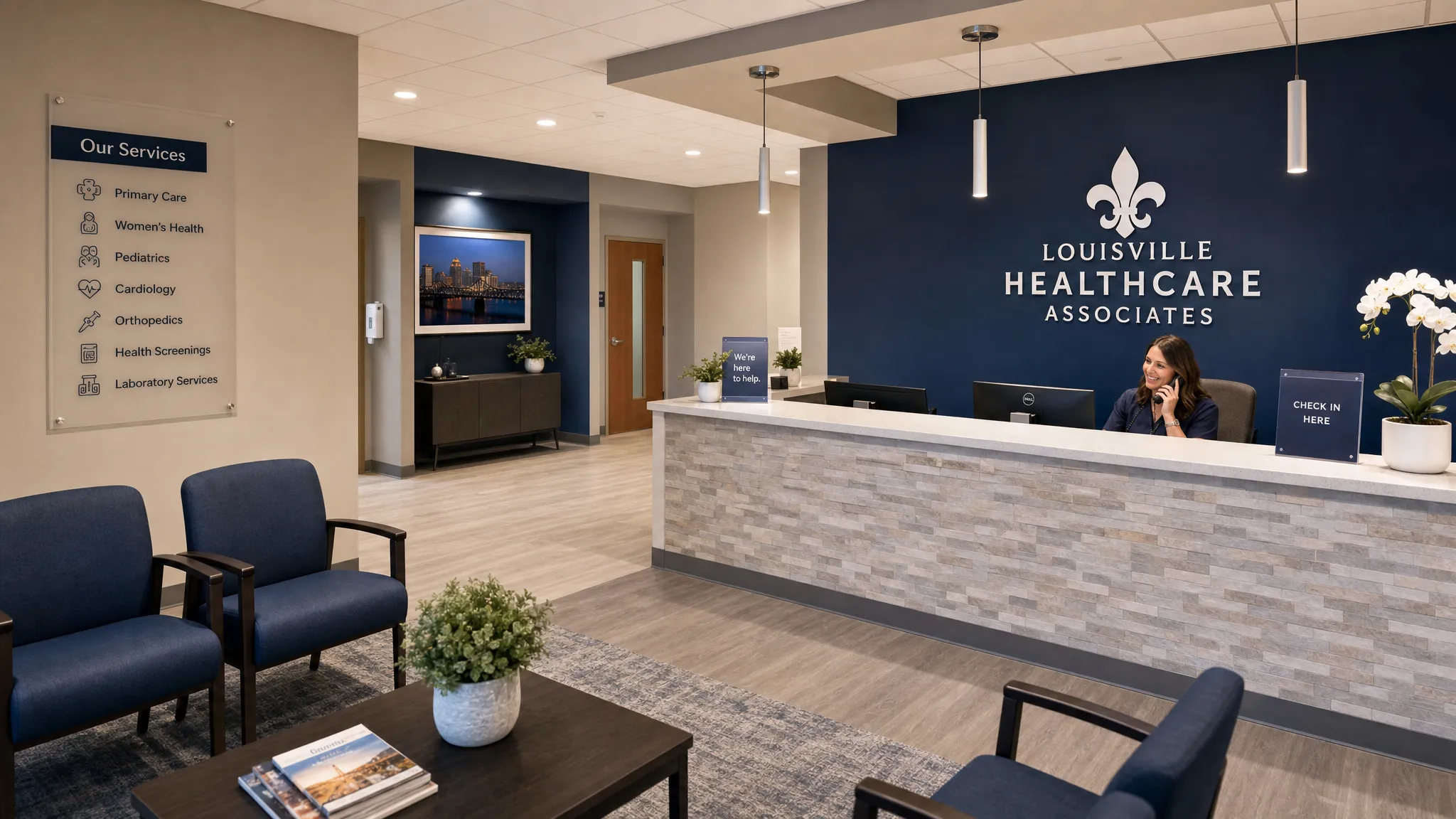 A welcoming Louisville healthcare practice reception area with clear signage, comfortable seating, and a front desk ready to help patients schedule appointments.