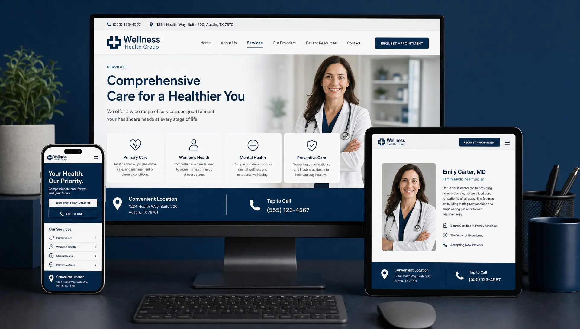 A healthcare practice website displayed on a phone, tablet, and desktop monitor with all screens facing forward, showing a clear appointment button, service page content, provider photo, location details, and a tap-to-call option.