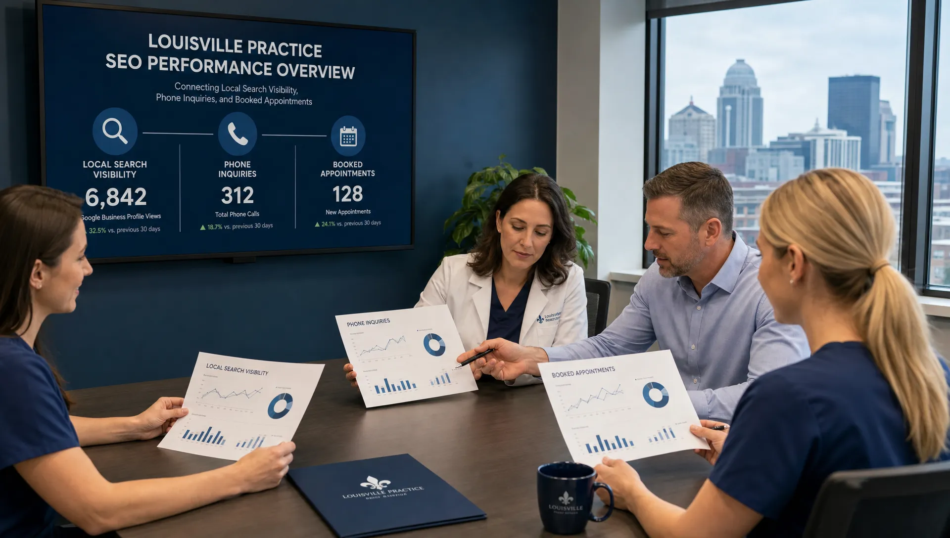 A healthcare practice team reviewing printed SEO performance charts that connect local search visibility, phone inquiries, and booked appointments for a Louisville practice in a conference room.