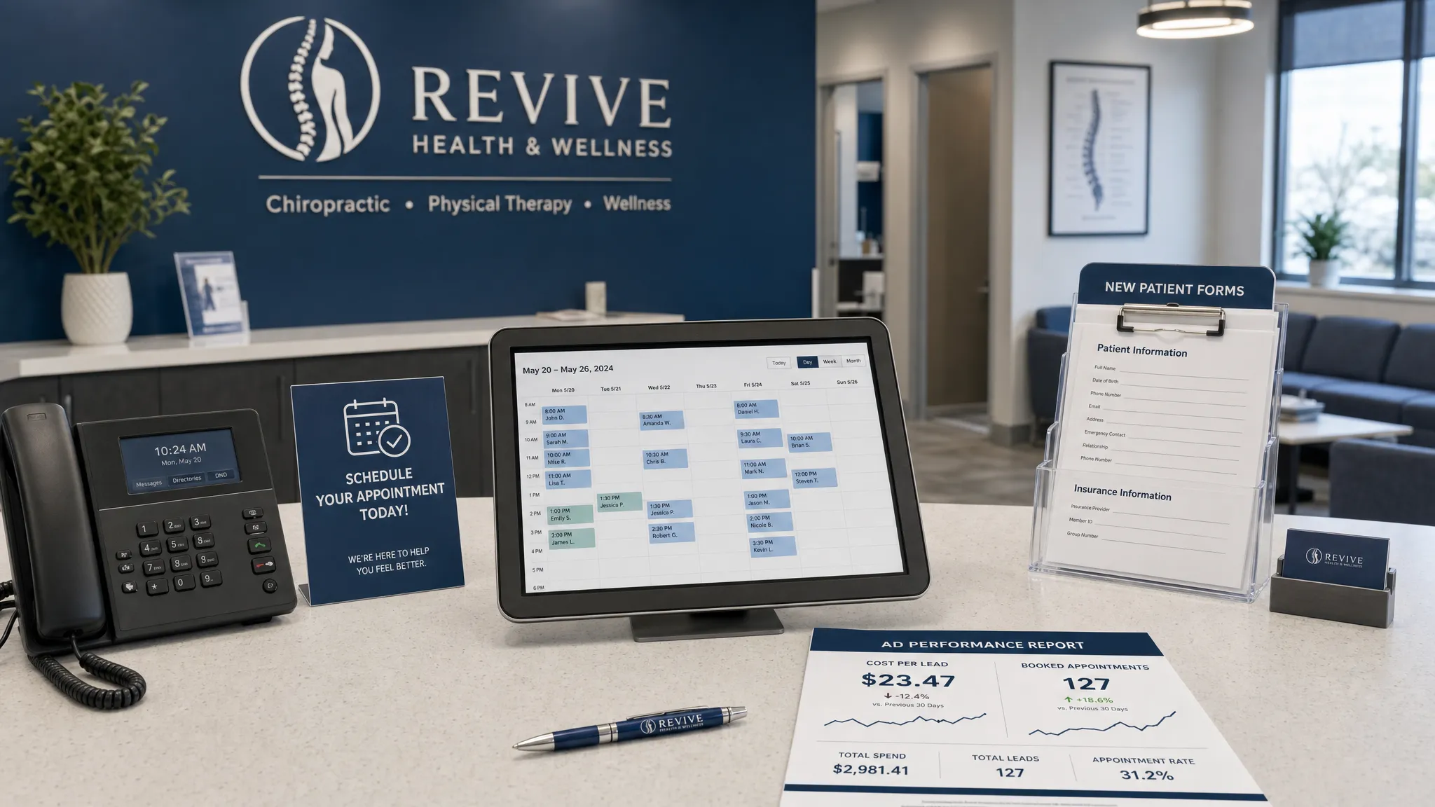 A healthcare clinic reception desk with an appointment calendar, phone, intake forms, and a printed ad performance report highlighting cost per lead and booked appointment metrics.