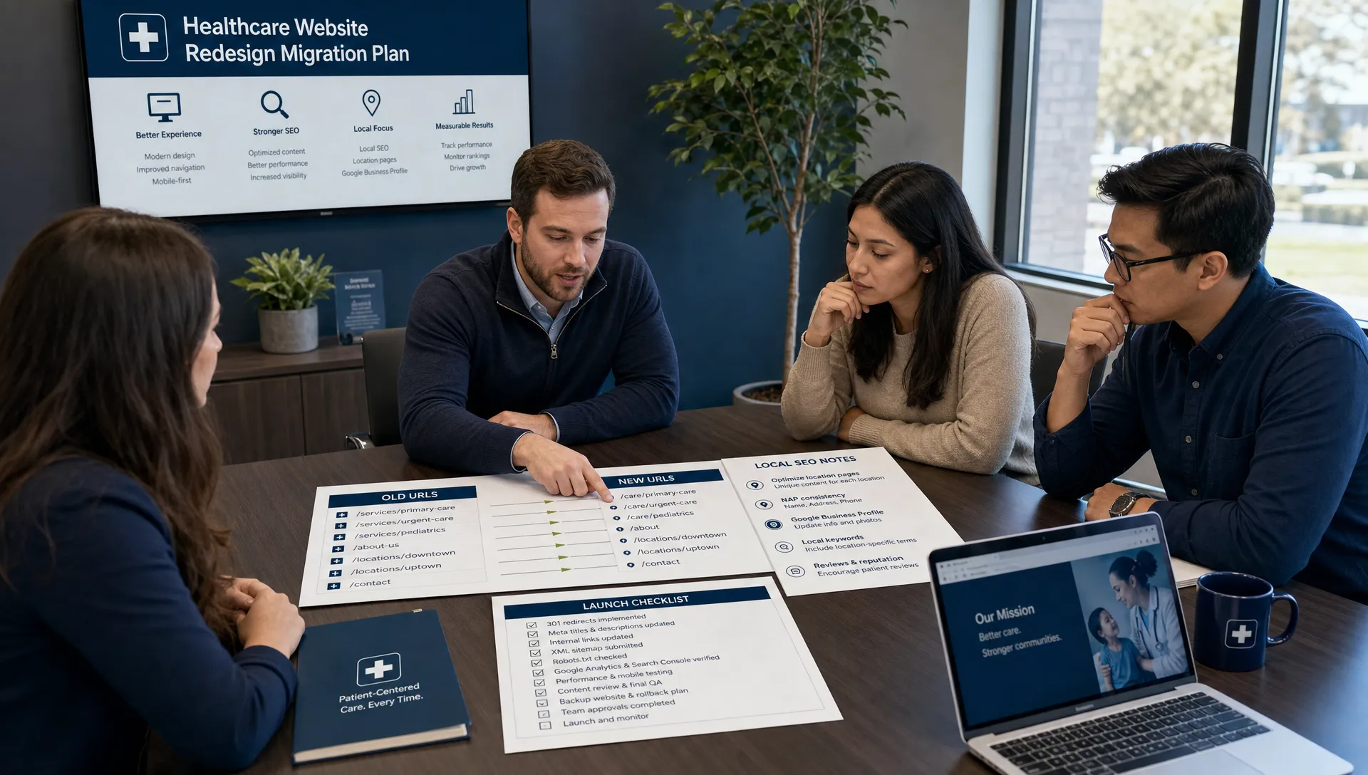 A healthcare marketing team reviews a website redesign migration plan with old URLs, new URLs, local SEO notes and launch checklist items arranged on a conference table.