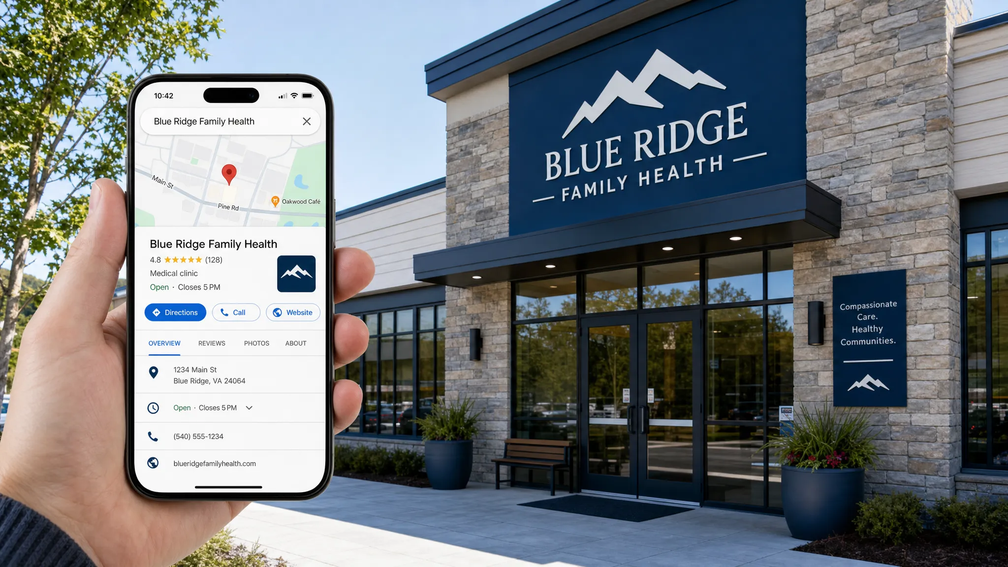 A healthcare practice exterior with clear signage, a welcoming entrance, and a mobile phone in the foreground showing a local map listing for the clinic facing the camera.